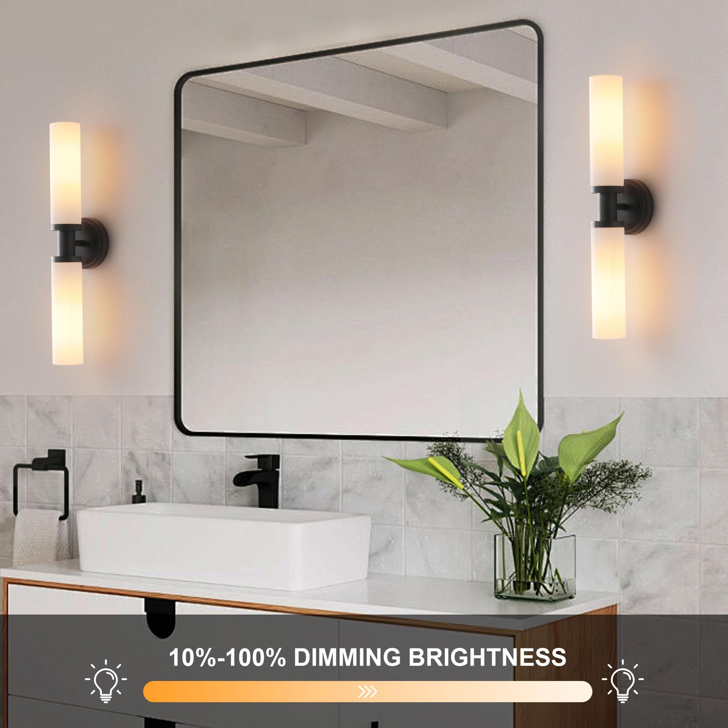 KUZZULL Wall Sconces Set of Two, Matte Black Iron with White Glass, Modern Wall Lighting for Bathroom, Living Room, Bedroom