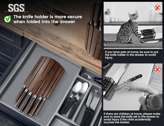Knife Set 7 Piece Japanese Style Kitchen Knife Set With Foldable Magnetic Acacia Wood Block Sharp High Carbon Stainless Steel Knives Set for Kitchen with Anti-slip Handle, Christmas Gift