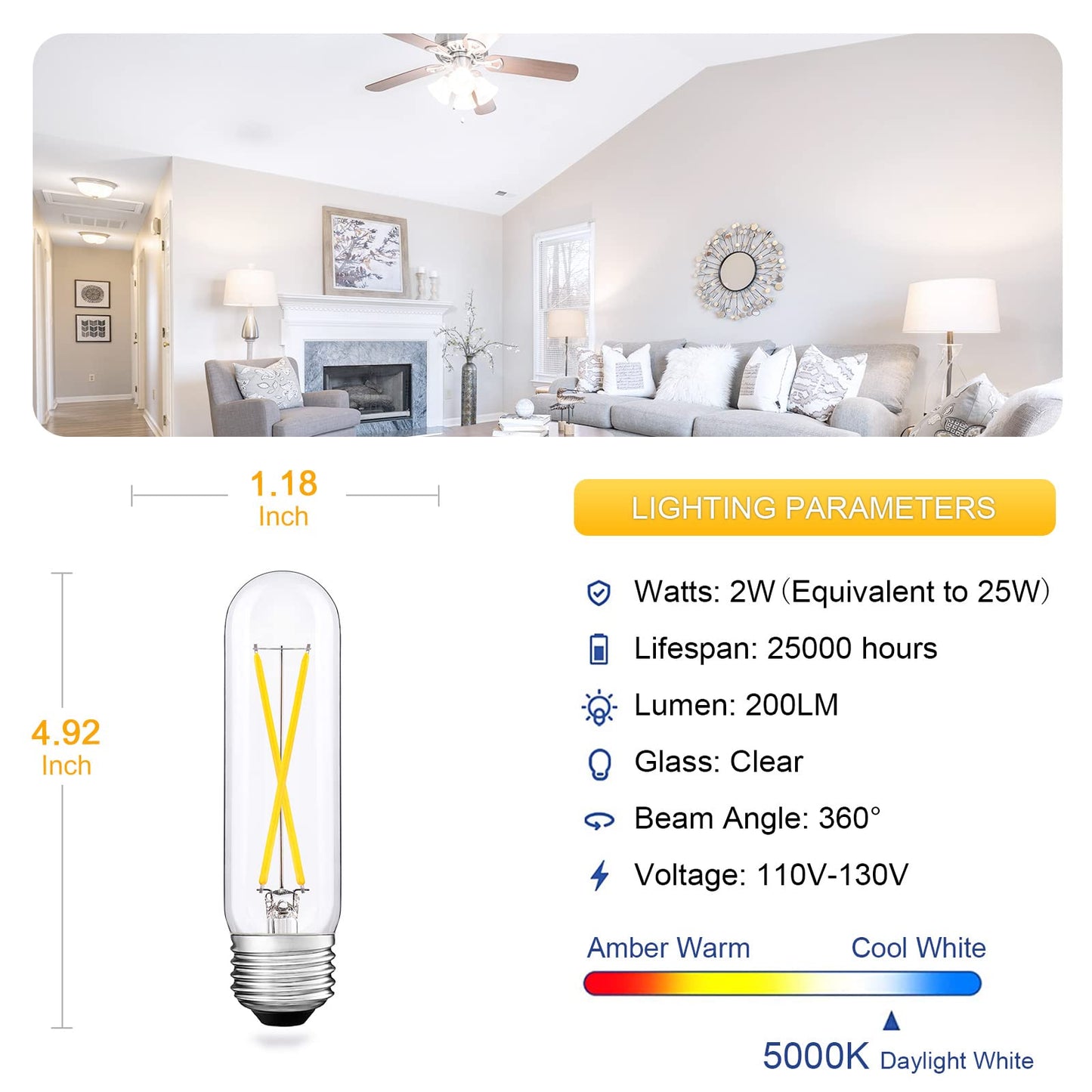 T10 Led Bulb  Dimmable 2W Tubular Chandelier Bulb  25Watt Equivalent Ceramic Christmas Tree Bulbs  5000K Daylight  Clear Glass  Antique E26 Light Bulbs For Pendant Desk Cabinet Display Lamp  3 Pack