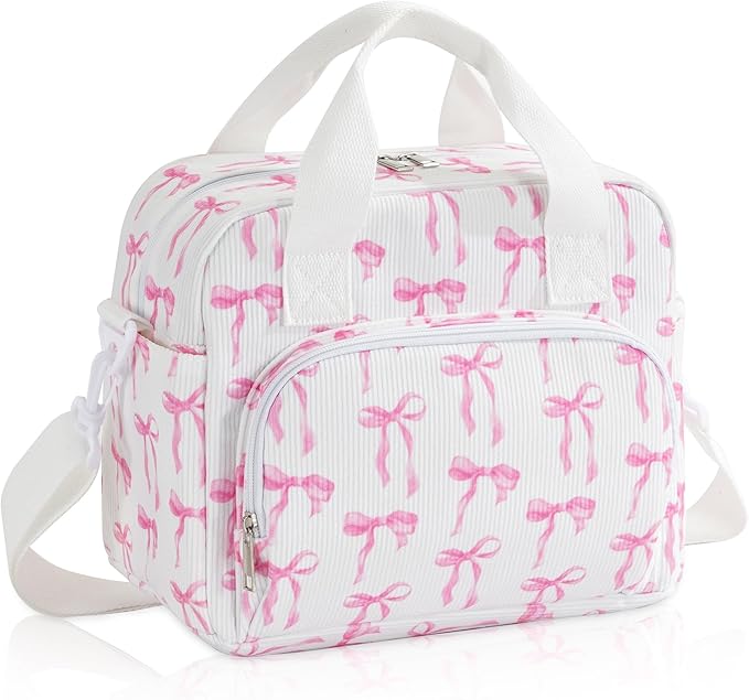 Large Lunch Bag for Women Insulated Lunch Box Reusable Cooler Bag Portable Cute Corduroy Leakproof Tote Bags for Travel, Work, and Picnic, Ribbon Bow