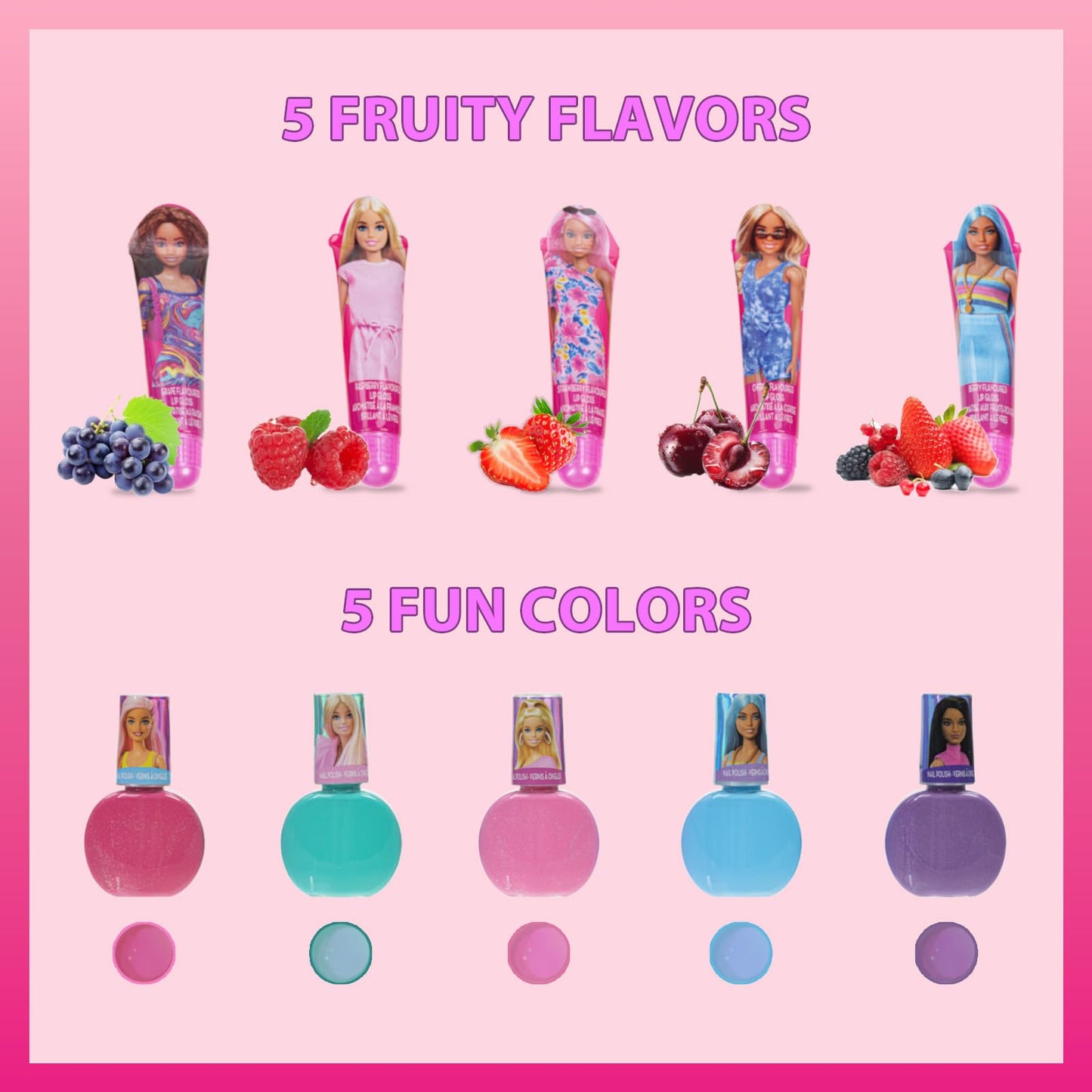 Barbie Cosmetic Makeup Set for Girls with Super Sparkly Lip Gloss Nail Polish and Nail Stickers 11 Pieces, Perfect for Parties S