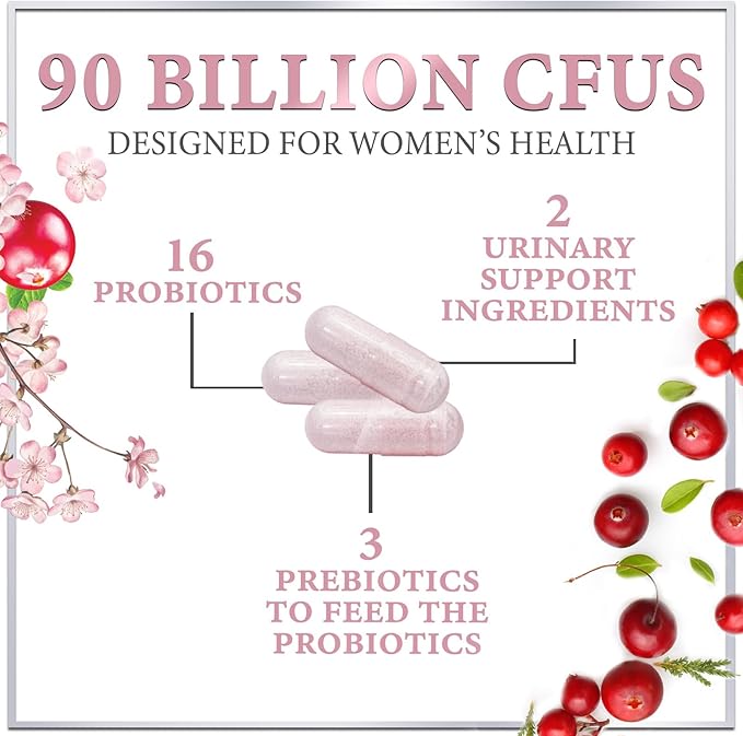 Probiotics for Women 90 Billion CFU, pH Balance for Feminine Vaginal Odor, 16 Probiotic Strains with Prebiotics, Cranberry, D-Mannose & Digestive Health, Immune Support, Shelf Stable - 120 Capsules