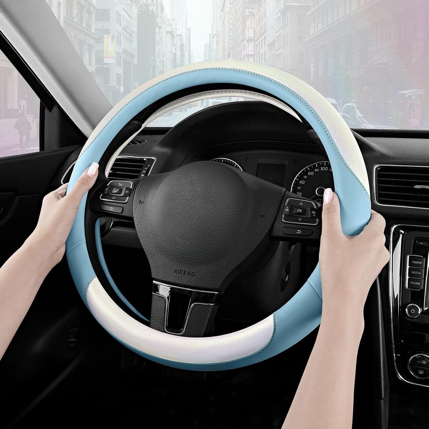 Road Comforts Steering Wheel Cover – Breathable Leather Steering Wheel Cover, Anti-Slip Grip, Universal Fit 14.5” to 15”, Heat & Cold Resistant for Cars, SUVs, and Trucks – Shining White & Blue