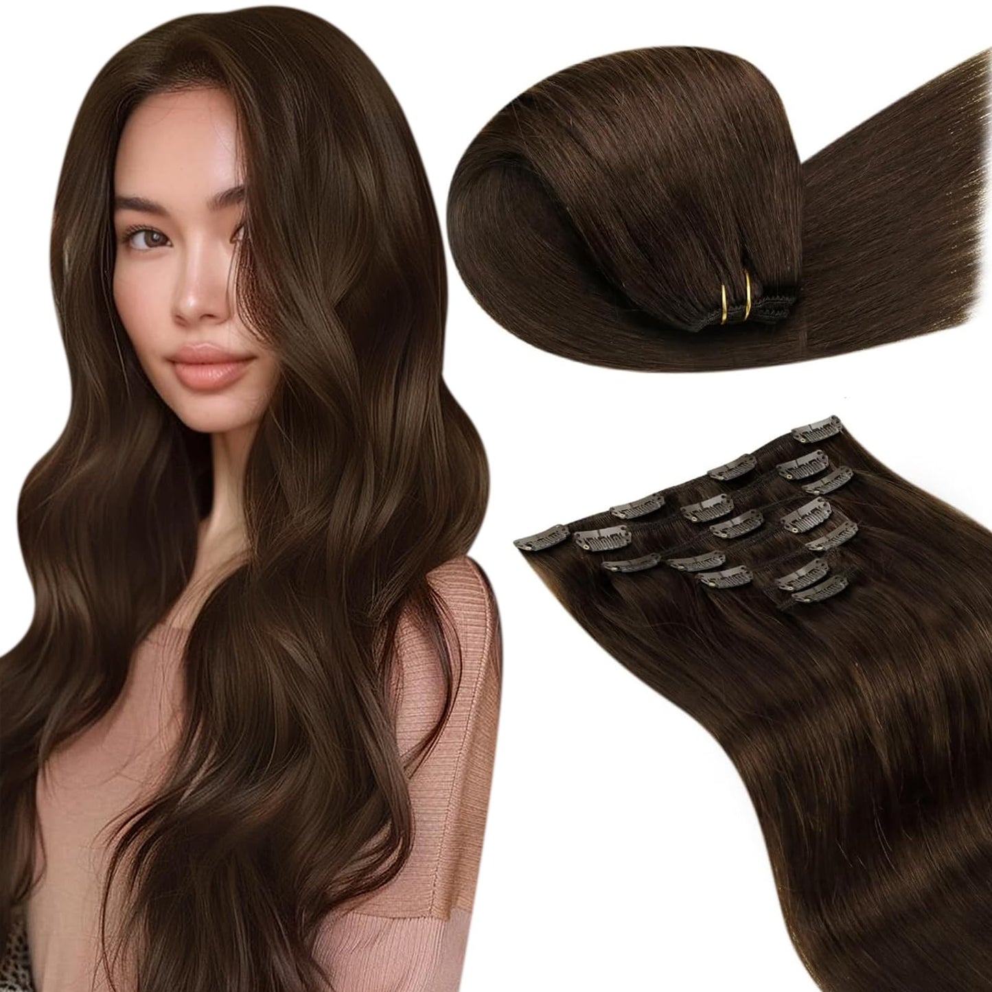 LaaVoo Human Hair Clip in Extensions Brown Hair Extensions Clip ins Natural Brown 18 Inch Clip in Hair Extensions Real Human Hai