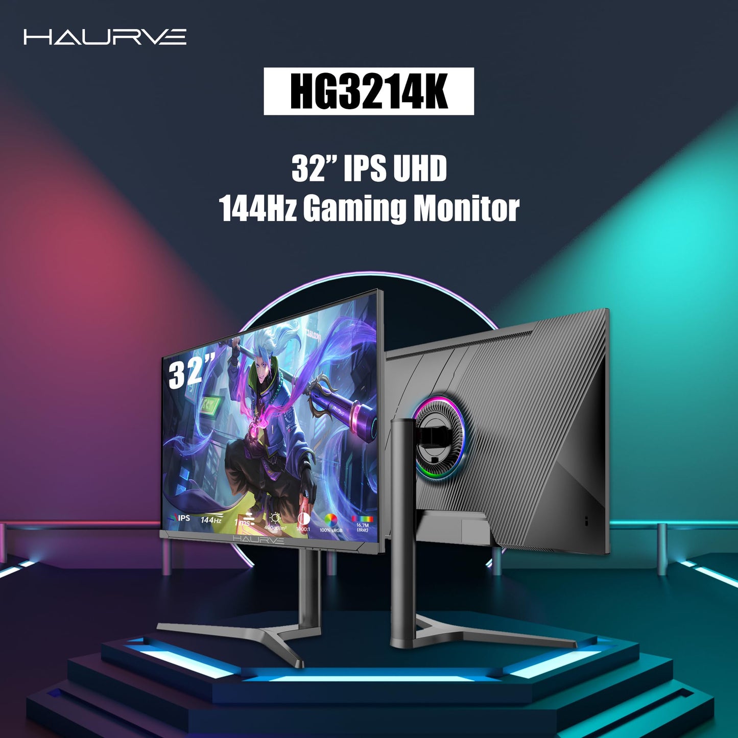 Haurve 32” UHD 4K 144Hz Gaming Monitor with Height Adjustable Stand, PD 90W, HDMI 2.1, DP 1.4, USB-C, RGB, Speakers, 0.5ms, 3840X2160 Display, (HG3214K)