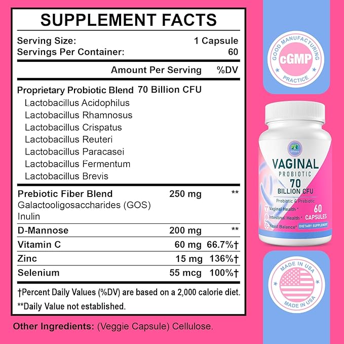 Vaginal Probiotics, PH Balance for Women, 70 Billion CFUs Womens Probiotic for Vaginal Health, Urinary, Odor Control, Flor, Ph Balance & Hormone, with Prebiotic & D-Mannose - Shelf Stable, 60 Caps