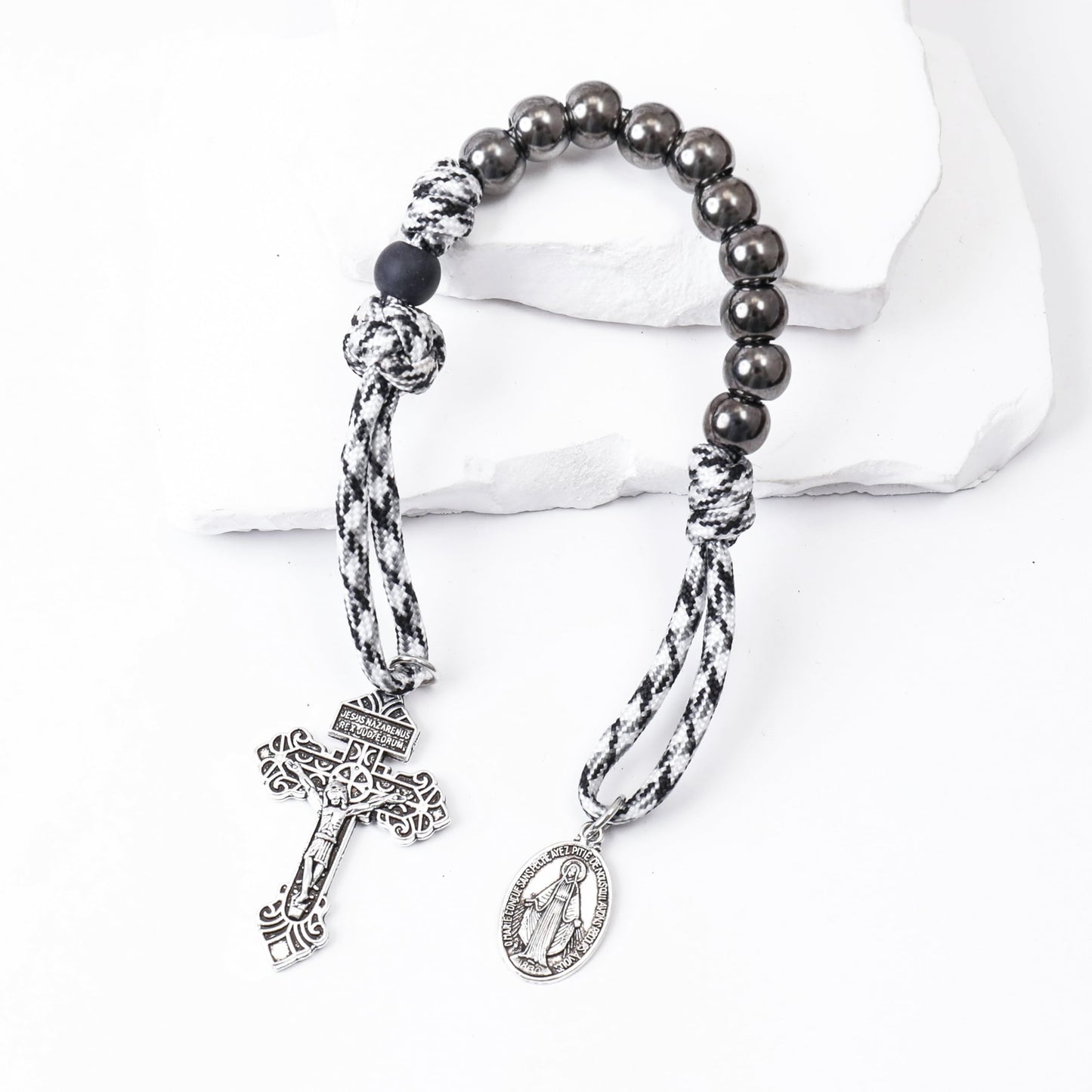 Nazareth Store One Decade Black & White Paracord Rosary Dark Silver Beads Pocket Car Rosary Protection Miraculous Medal & Jesus