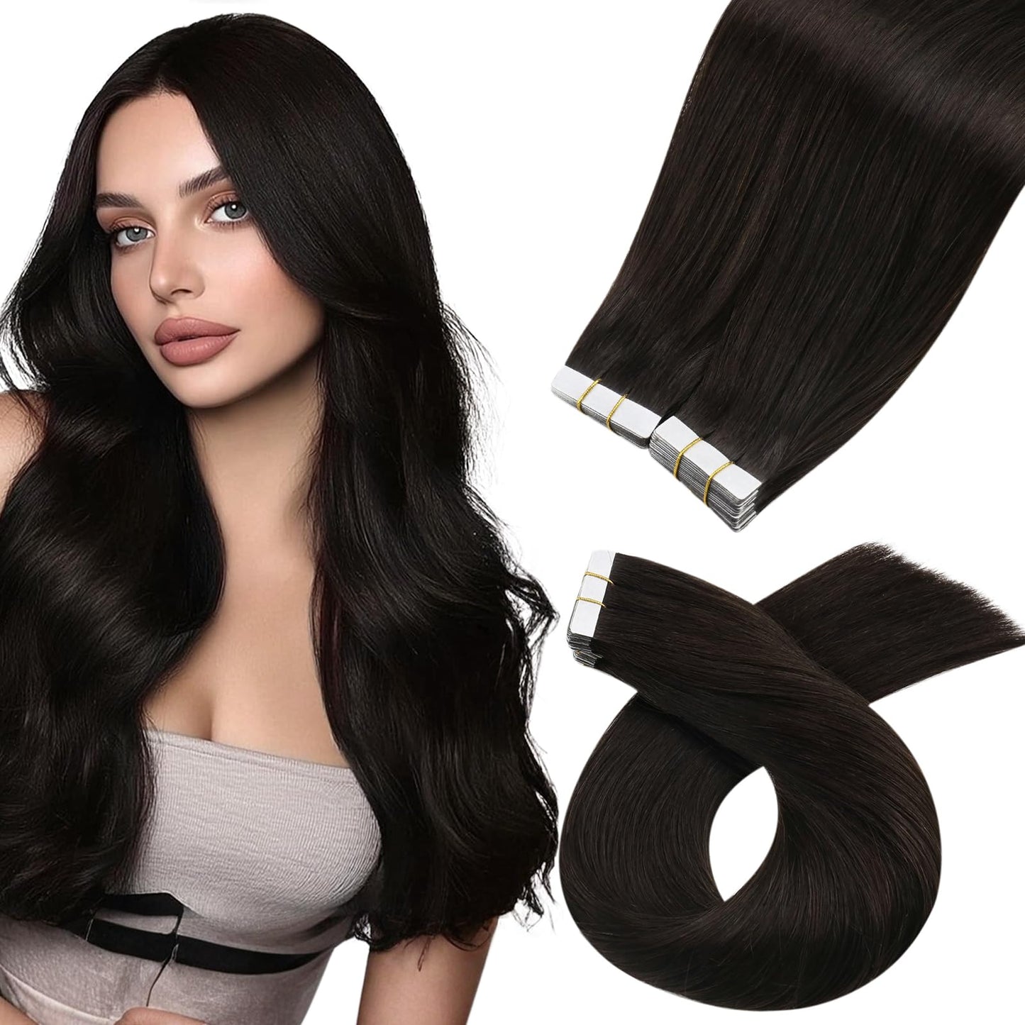 Moresoo 40 Pcs Human Hair Extensions Tape in Brown Tape in Hair Extensions 16 Inch 100g Extensions Real Human Hair Glue in Exten
