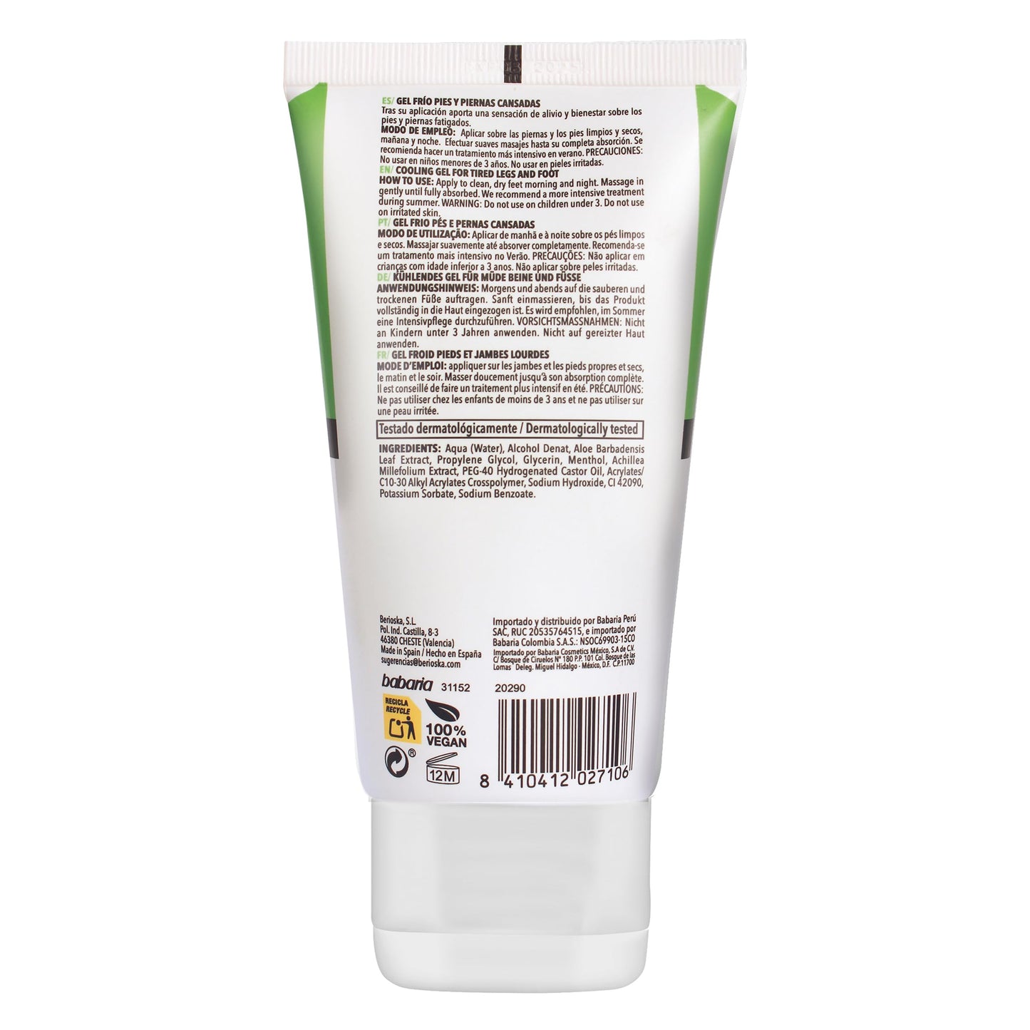 Babaria Cooling Gel for Legs and Feet - Calming and Softening Effect - Provides Regenerating and Soothing Properties - Infused w