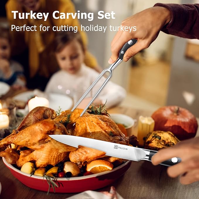 PAUDIN Carving Knife Set - 8" German Steel Turkey Carving Knife and Fork Set With Ergonomic Handle, Full Tang For Meat, Brisket