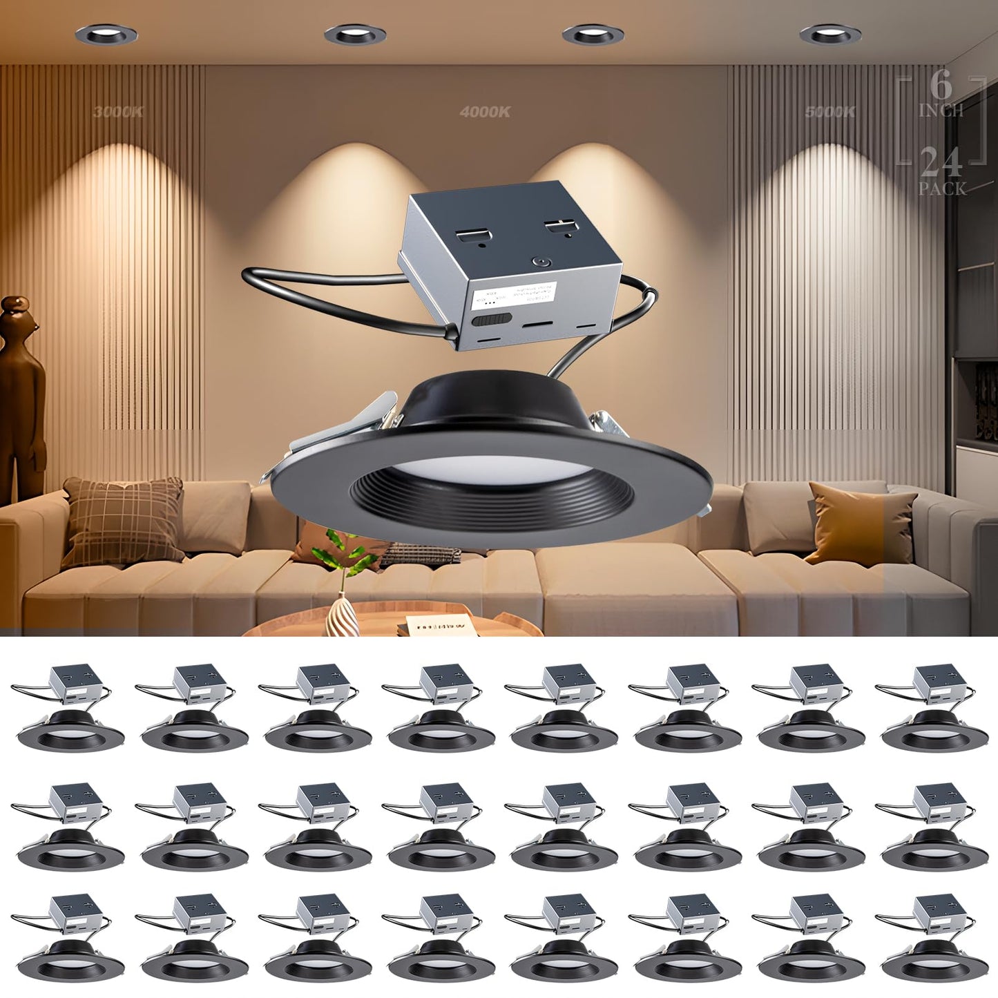 Lightdot 12W Dimmable LED Downlight, 3CCT Selectable (3000K/4000K/5000K), Black, 6 Inch Canless Ceiling Light,