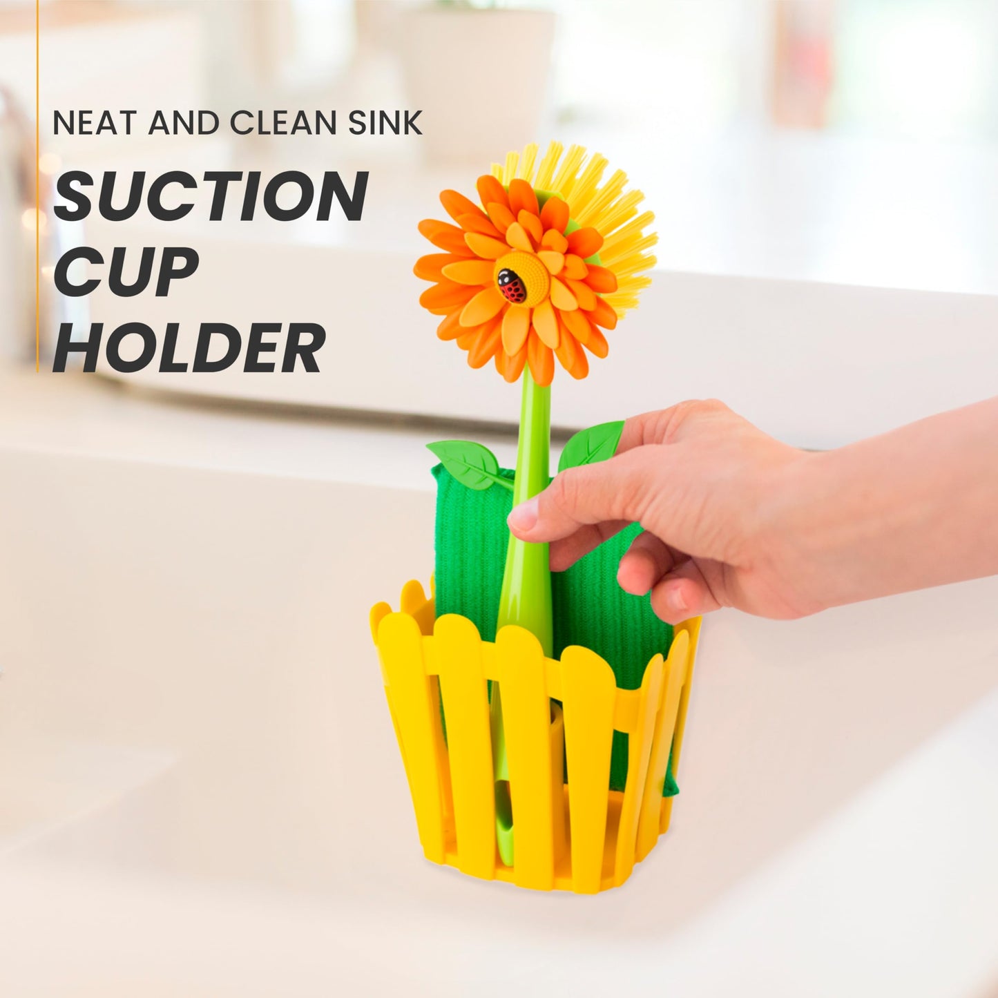 Vigar Flower Power 3-in-1 Kitchen Sink Caddy Set, Flower-Shaped Dish Brush, Sponge, Fence-shaped Holder and Suction Cup, Ideal Sink Organizer, Orange