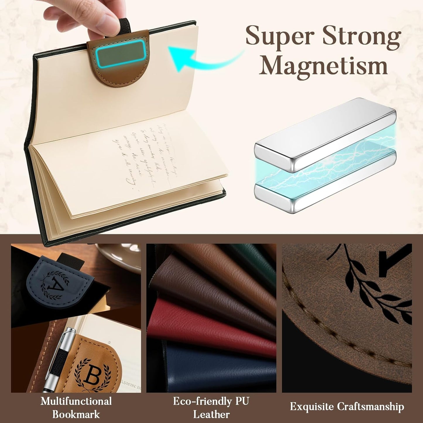 Personalized Bygone Mark Bookmark with Pen Holder,Engraving Leather Magnetic Bookmarks Vintage 26 Letters Name Initials Text Book Marker Clips Gifts for Reading Book Lovers Women (Red, J)