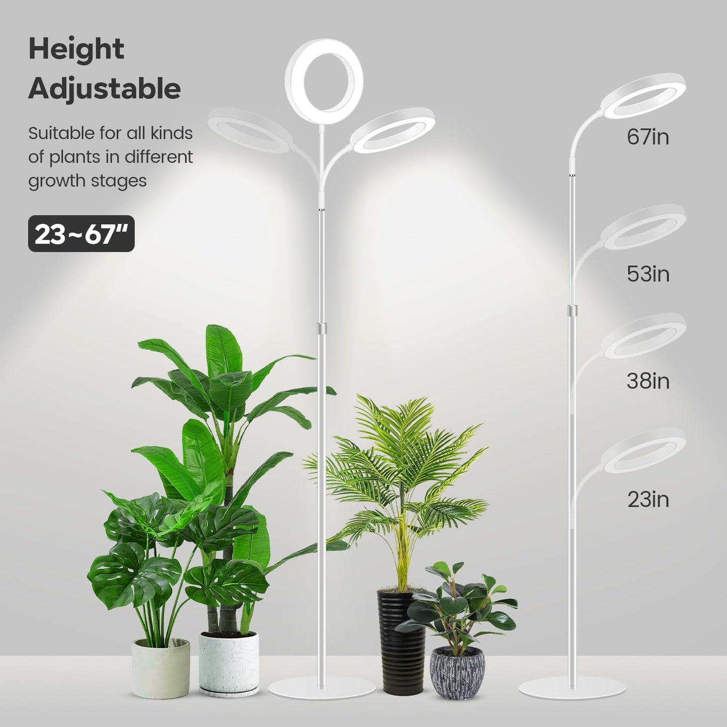 Garpsen Grow Light, Full Spectrum LED Plant Lamp, 67in  Adjustable Height, 3 Color Modes, 5 Dimmable Levels, White, Model BL-B20B-White