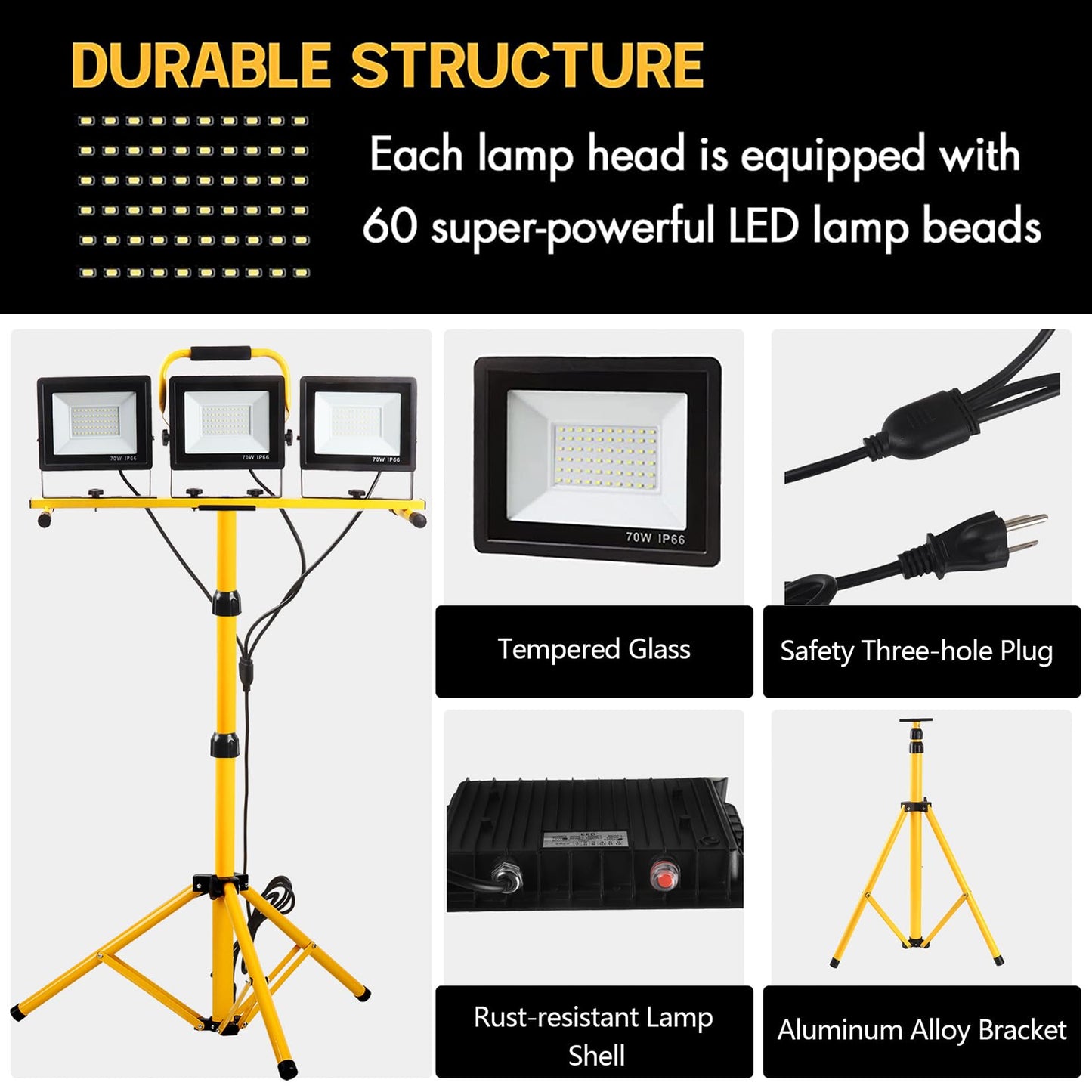 Guwell 21000 Lumen Led Work Light - 3 Adjustable Heads, Aluminum, Waterproof, Yellow-2, Model 23-Wl-08, 2-Pack