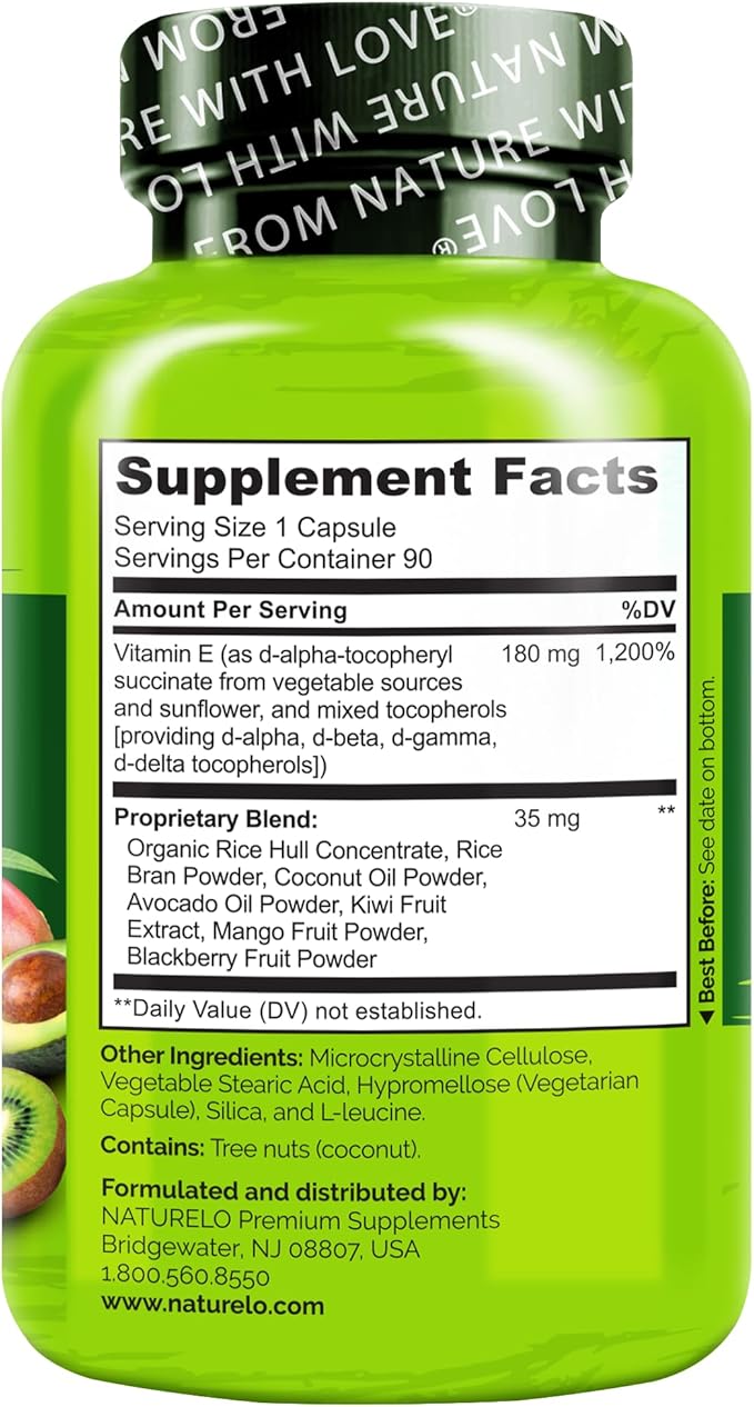 NATURELO Vitamin E - 180 mg (300 IU) of Natural Mixed Tocopherols from Organic Whole Foods - Supplement for Healthy Skin, Hair, Nails, Immune & Eye Health - Non-GMO, Soy Free - 180 Vegan Capsules