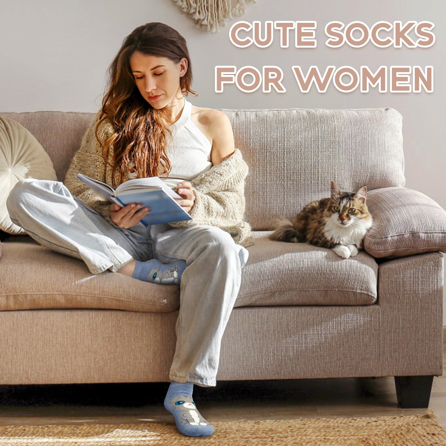 Justay 5 Pairs Cat Socks - Cute Cotton Novelty Funny Animal Fun Ankle Socks for Women Gifts