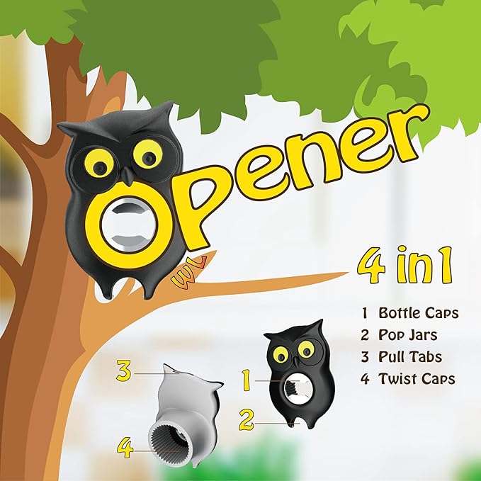 4-in-1 Manual Owl Bottle Opener - BPA-Free Multi-Function Opener for Bottle Caps, Jars, Pull Tabs & Twist Caps, Ergonomic Design for Kids, Seniors & Weak Hands (Yellow)