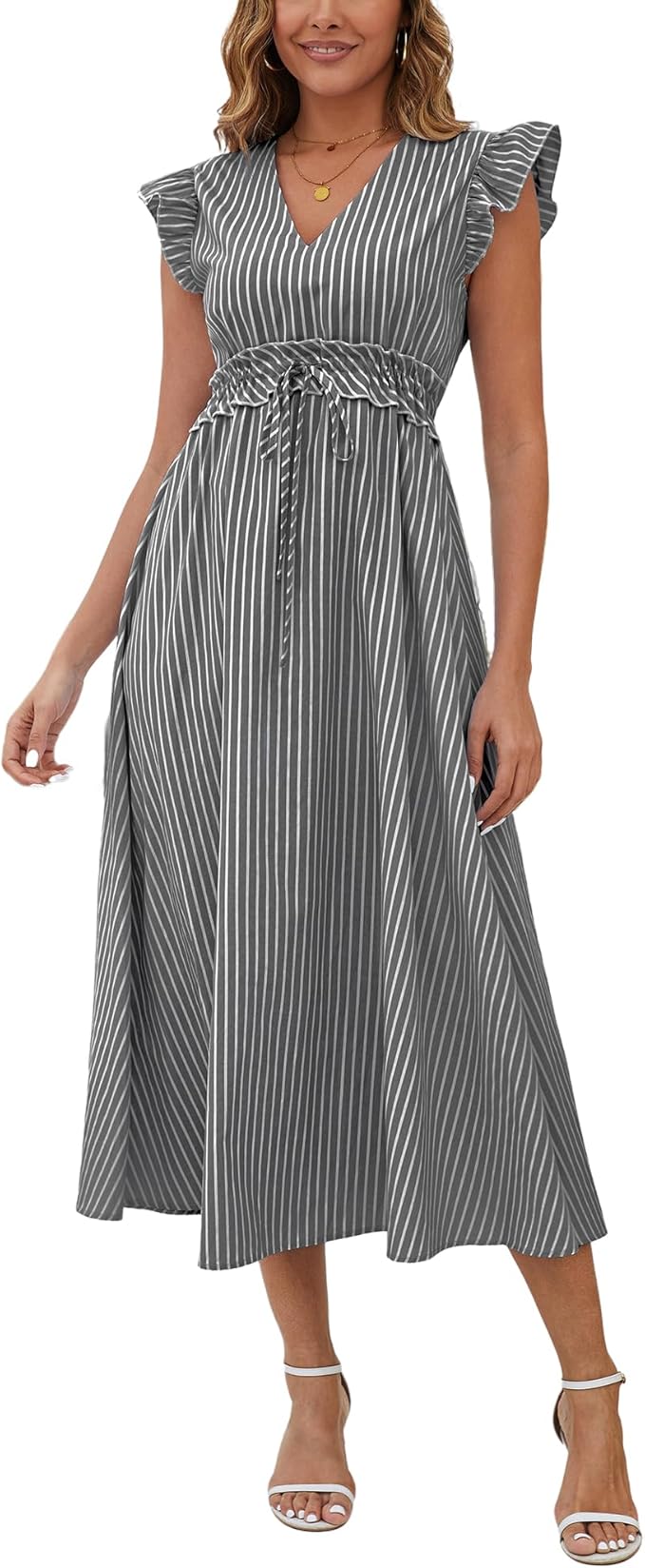 Bsubseach 2026 Cap Sleeve Cover Up Women Striped V Neck Beach Maxi Dress Drawstring Bathing Suit Coverups Swimwear