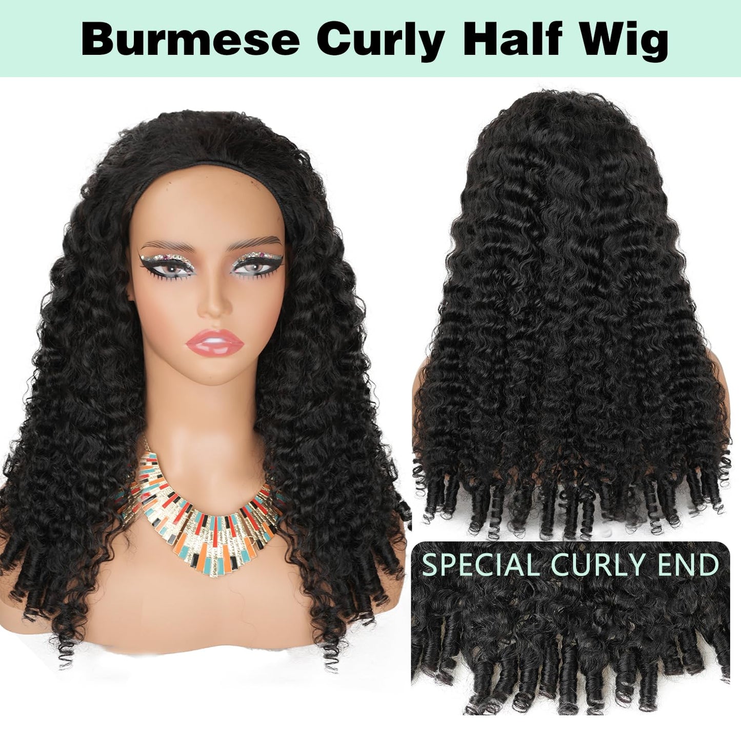 CanaryFly Curly Half Wigs Human Hair 200 Density Burmese Curly 3 In 1 Half Wigs With Drawstring Glueless Wig Human Hair for Wome