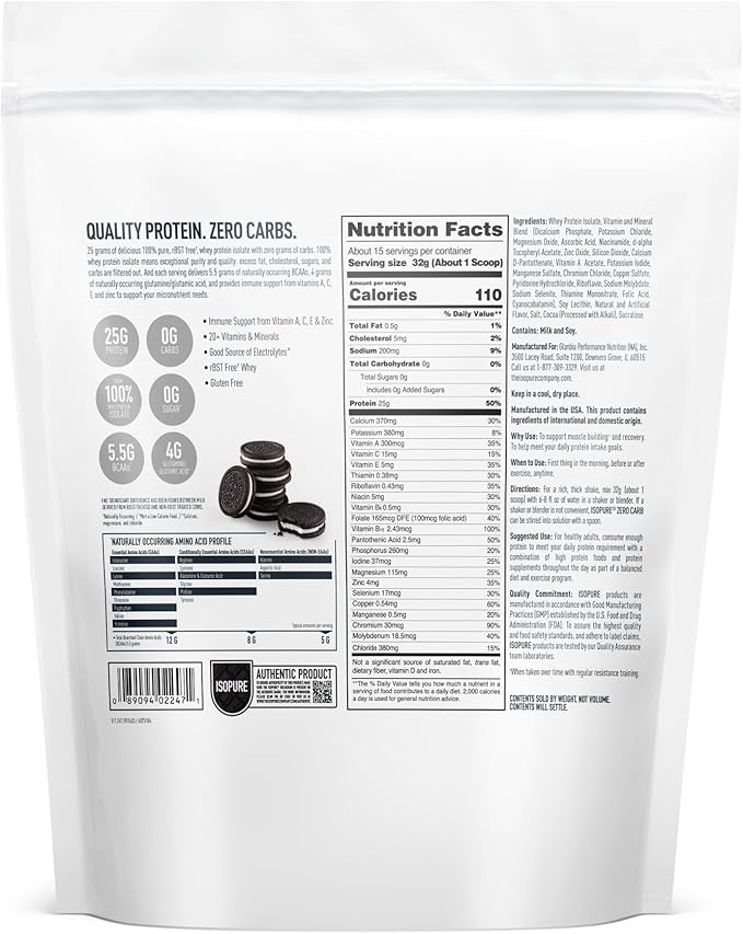 Isopure Zero Carb 100% Pure Whey Isolate Protein Powder, Lactose Free, Gluten Free, With Vitamins, Cookies & Cream, 25g Protein Per Serving, 1 Lb, 15 Servings (Packaging May Vary)
