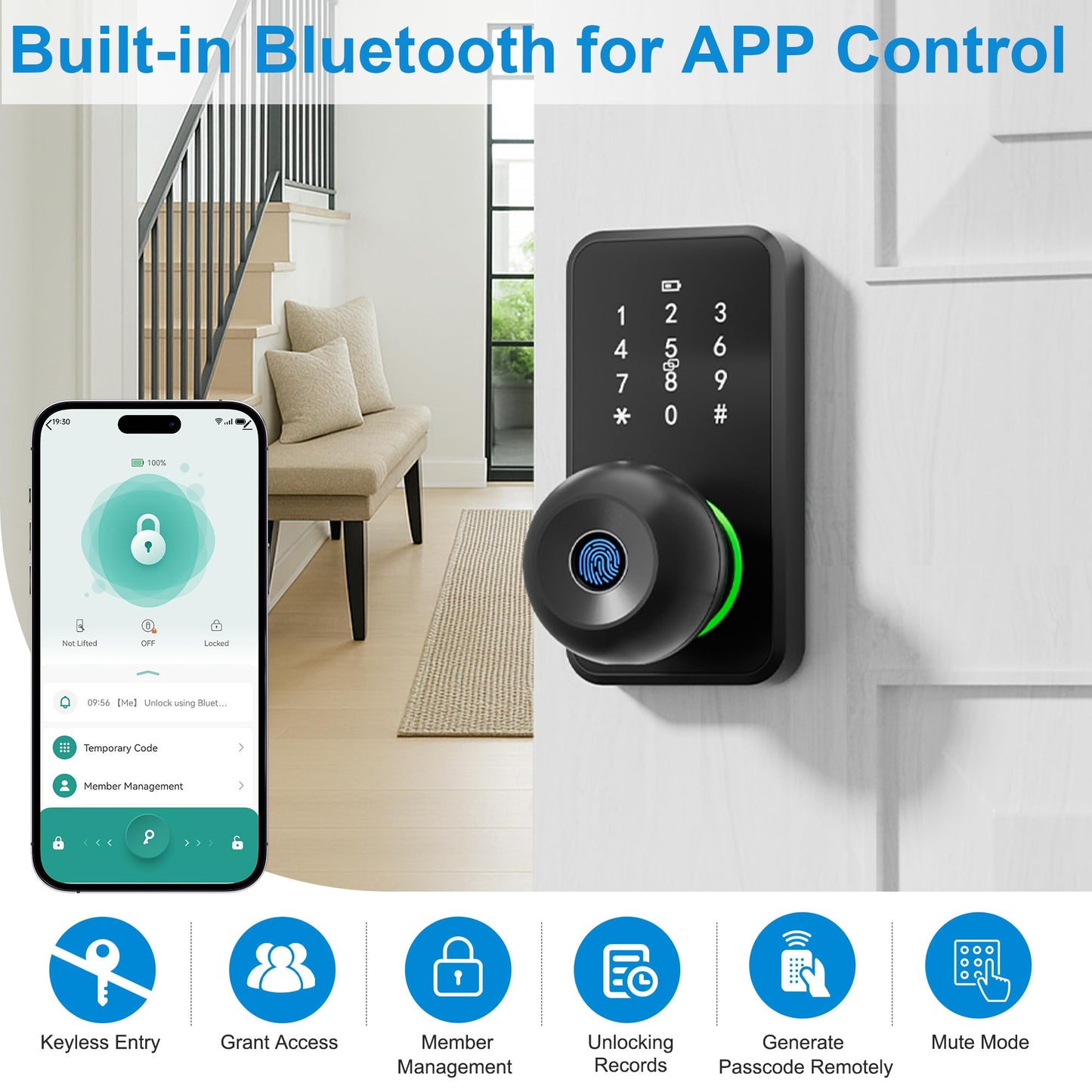 Smart Door Lock with Knob, LinkThai Keyless Entry Fingerprint Lock with Touchscreen Keypad, Electronic Knob Digital Lock for Front Door, Easy Installation