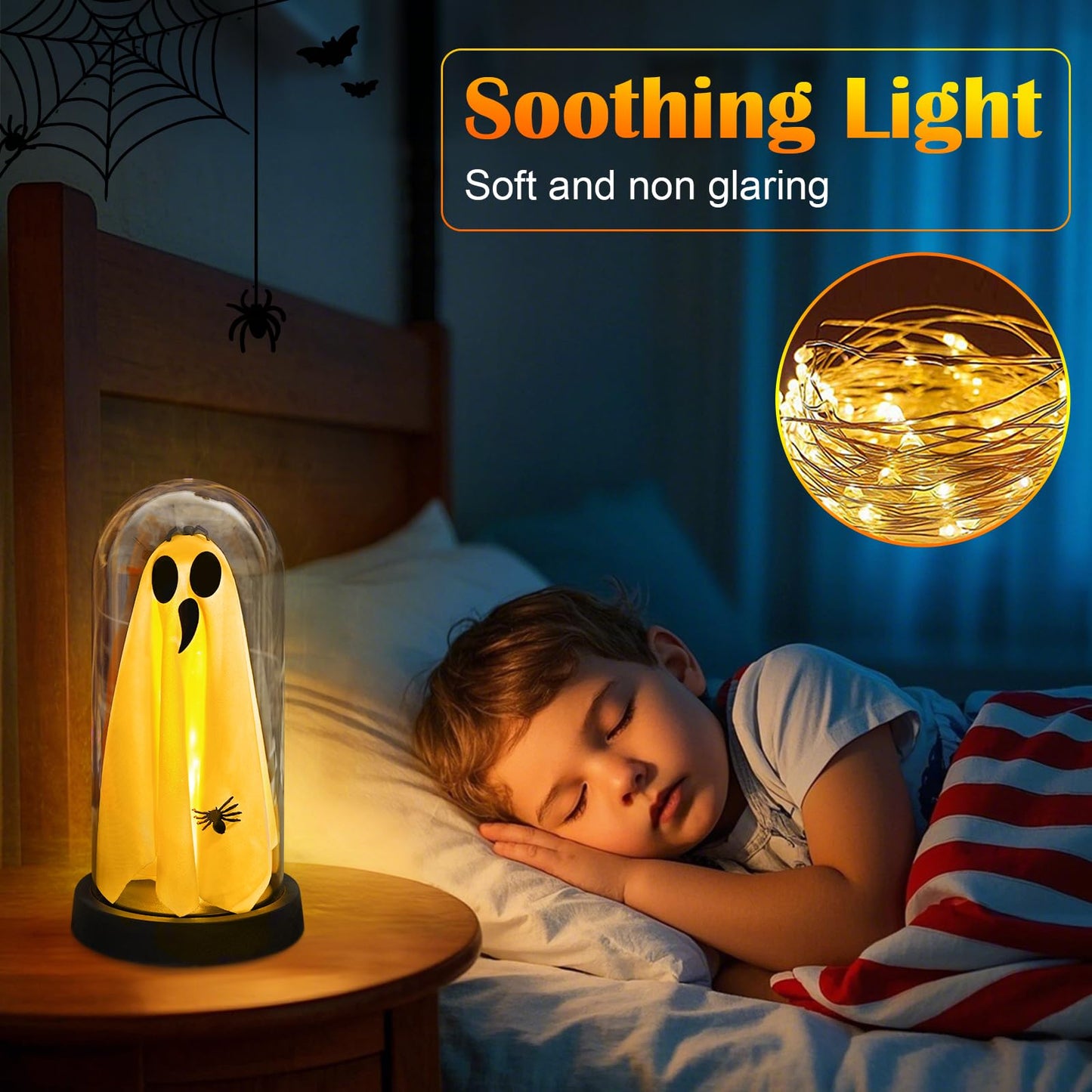 Yinhua Light Up Ghost in Glass Cloche with Timer, 8.5inx4.3in, Warm Light, Acrylic Halloween Decor for Desk, Fireplace, Gift