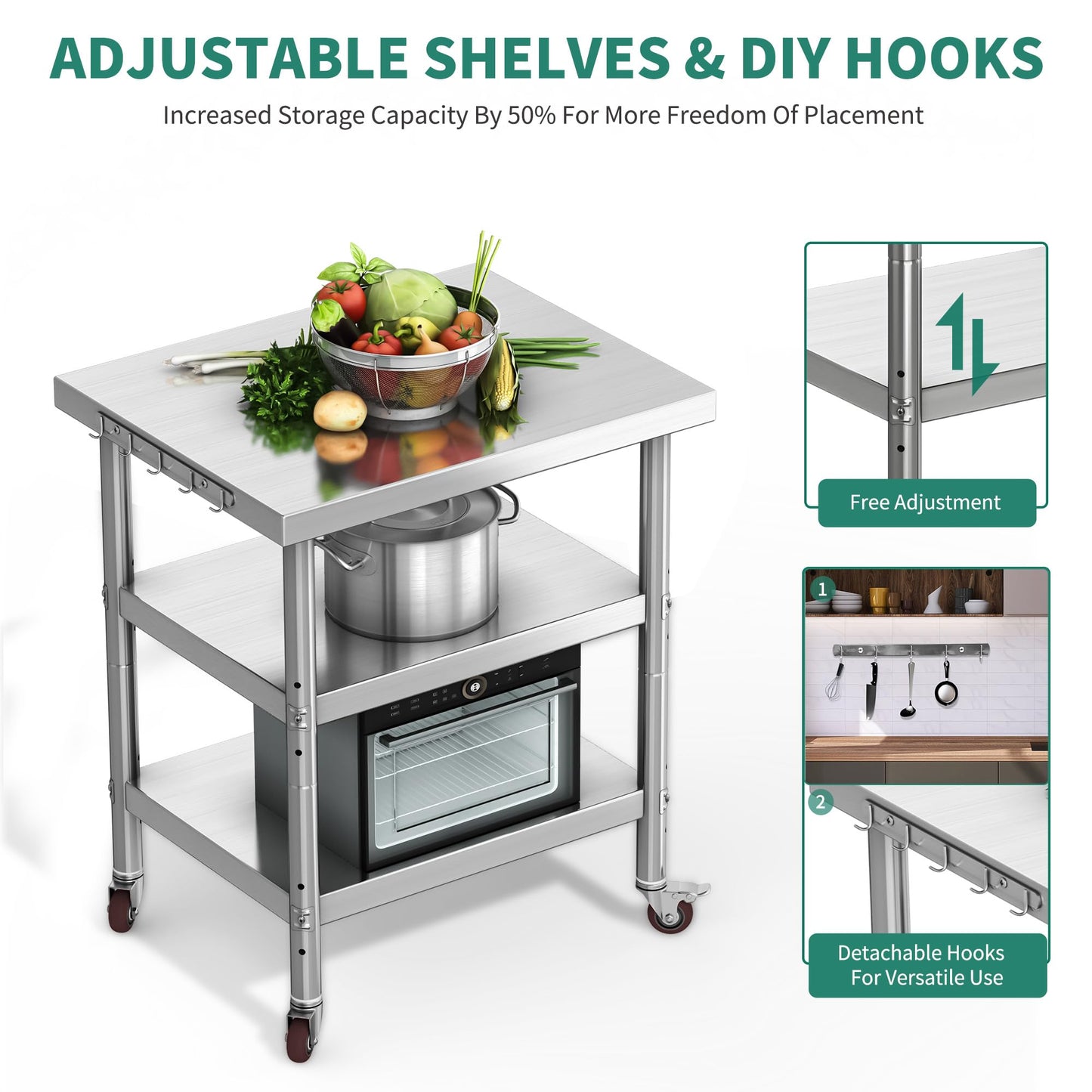 YITAHOME NSF Stainless Steel Table, 36" X 24" Worktable with Wheels, 3 Shelves Metal Prep Workstation for Home Kitchen Restaurant Garage Warehouse Outdoor
