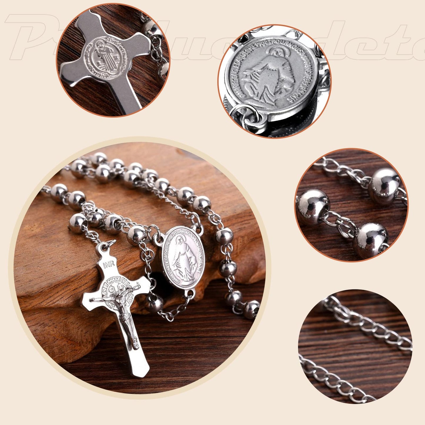 30 Stainless Steel Rosary Beads Necklace 6mm Silver Color with Jesus Christ Crucifix Cross