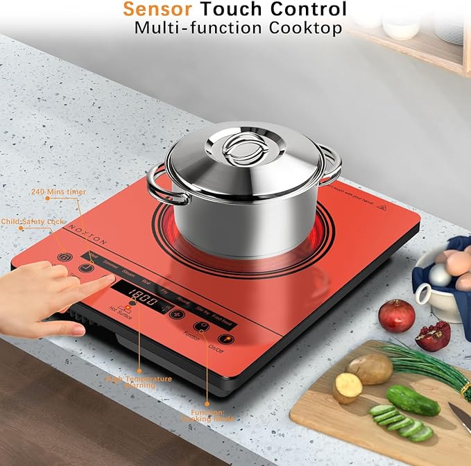 Noxton Portable Electric Stove 110V, 1800W Single Burner Electric Cooktop, Countertop Burner Electri Hot Plate, 4 Hour Timer, 9 Power Level, Child Safety Lock, Compatible with All Cookware(Red)