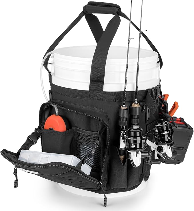 KastKing Karryall Fishing Bucket Organizer for 5 Gallon Bucket, Ice Fishing Tackle Bag with Adjustable Buckle, Rod & Plier...