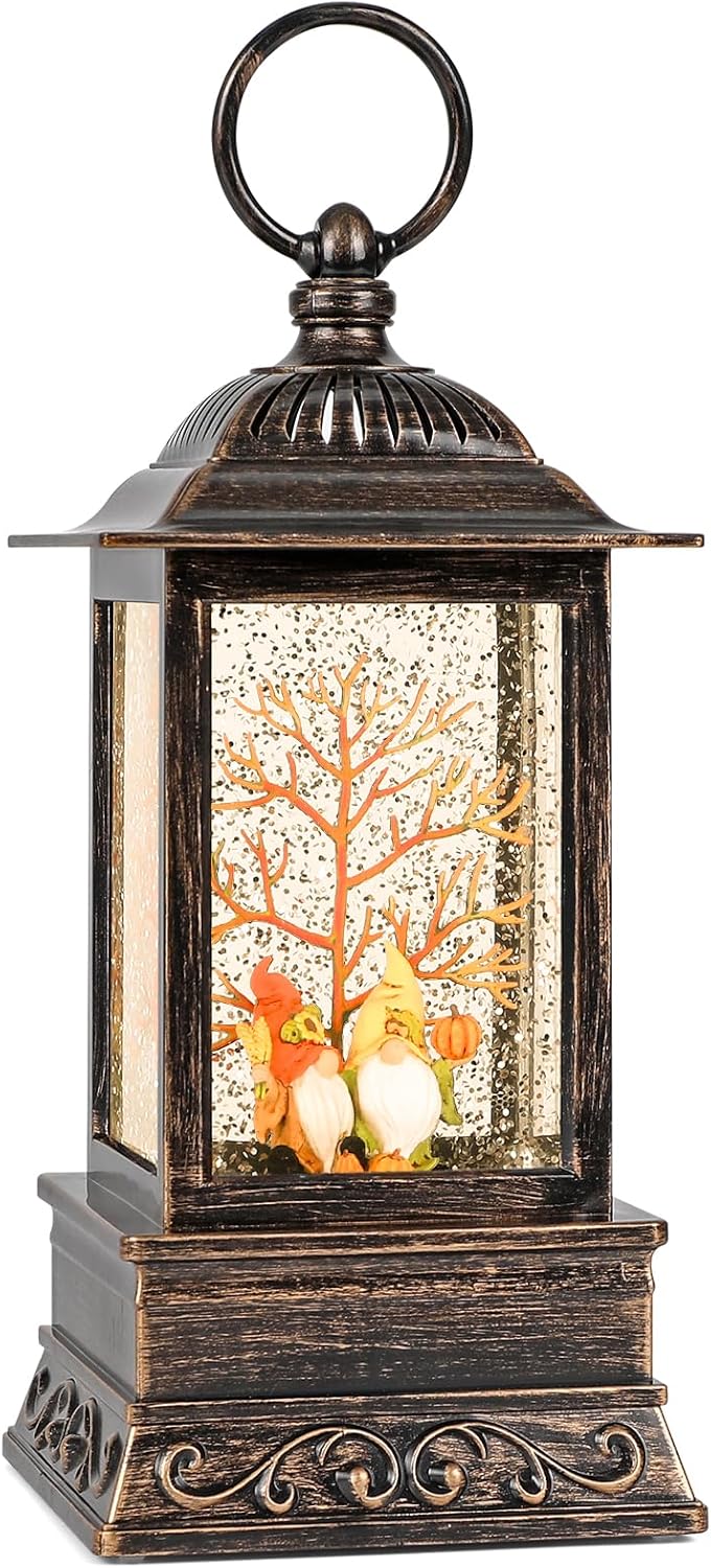 Fall Snow Globe Gnome Lantern, Glitter Lighted Snow Globes Fall Decorations for Home, Light Up Snowglobe Fall Décor