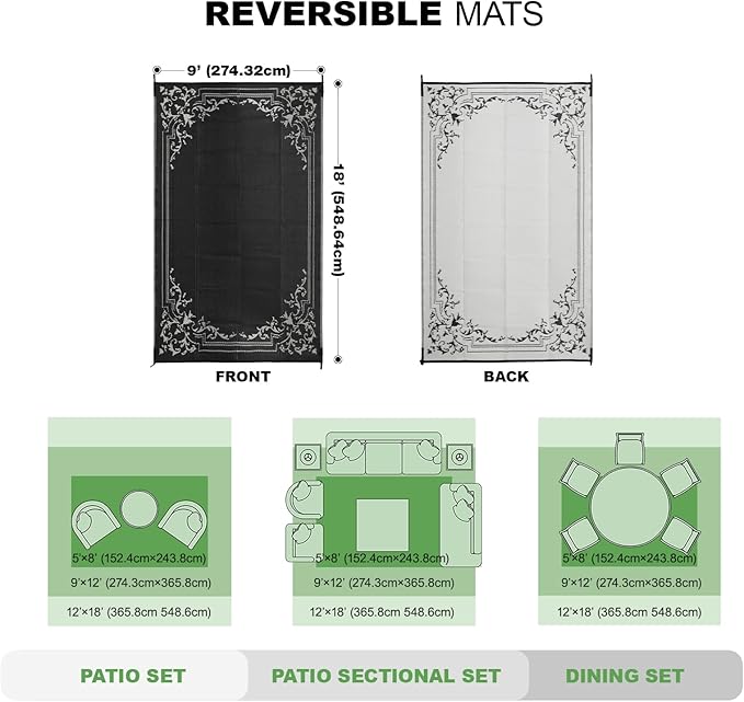 wikiwiki Outdoor Rug, 9x18ft Waterproof Reversible Mat Indoor Outdoor Rugs Carpet, Small Area Rug Plastic Straw Rug for Patio Deck Balcony Pool RV Camping Beach Picnic, Classic Black, Rugscape Series