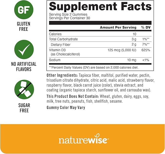 NatureWise Vitamin D3 5000 IU Gummies - Sugar-Free Mixed Berry Flavor - Vitamin D Gummies for Adults, Supports Immunity, Muscle & Bone Strength - Gelatin-Free, Non-GMO- 60 Gummies[1-Month Supply]