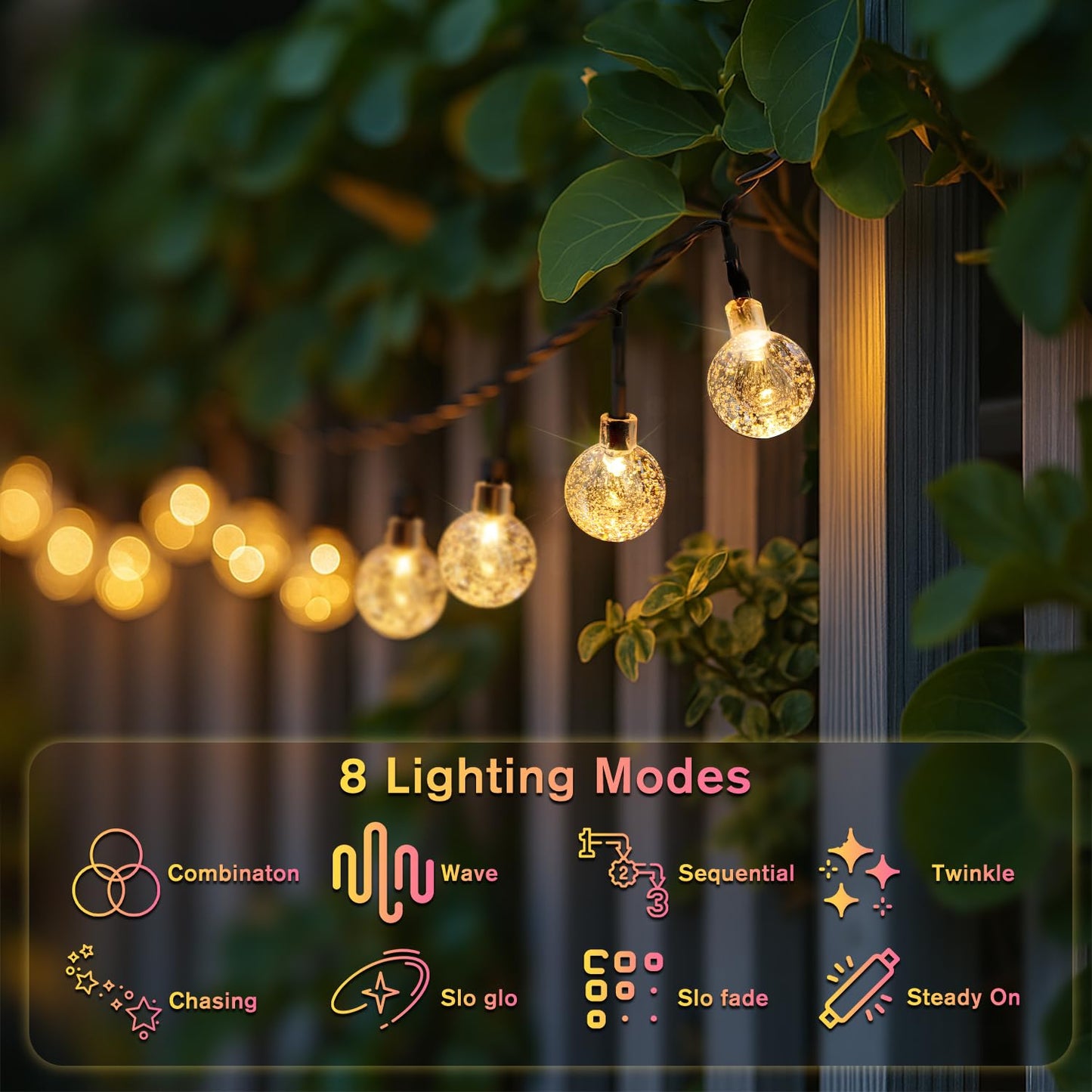 Metaku Solar String Lights, 36FT 60 LED, Warm White, Plastic, 8 Lighting Modes for Outdoor Patio, Garden, Camping, Party Decor