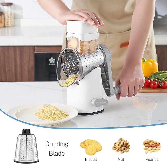 VEKAYA Cheese Grater, Cheese Grater Hand Crank, 4 Interchangeable Blades Cheese Shredder, Vegetable Slicer, Non-slip Suction Base, Easy to Clean Rotary Grater with Handle (White Grey)