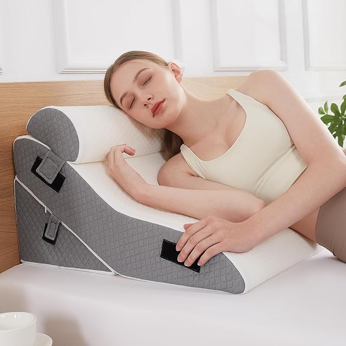 3 PCS Upgraded Bed Wedge Pillow for Sleeping - 35D Post Surgery Pillow for Back Leg Pain Relief - 22" Wide Adjustable Triangle Wedge Pillow Set for Acid Reflux & GERD & Snoring(white grey)