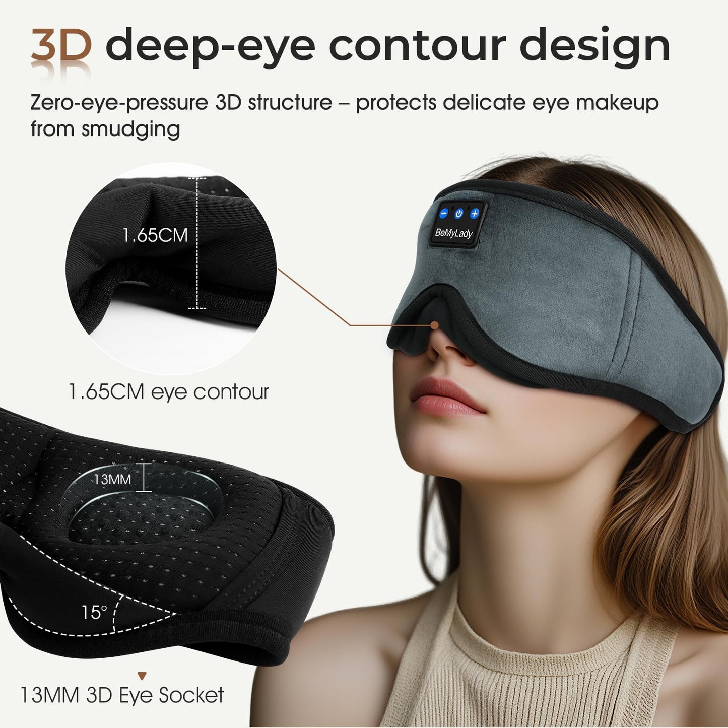BeMyLady Sleep mask Headphones,100% Blackout 3D Zero Eye Pressure Bluetooth Sleep mask Breathable Eye mask with Bluetooth Headphones Sleep Headphones for Side Sleepers, 14H Playtime&Bluetooth 5.4 Grey
