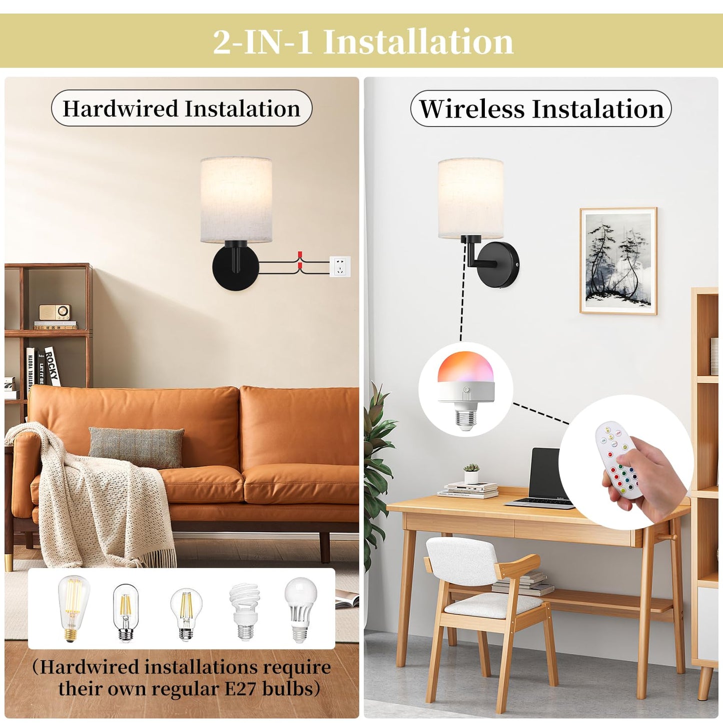 XIGUCUCN Rechargeable Wall Sconce Set of 2, Battery Operated, LED Bulb, 15 Colours Dimmable, Black, Model XG-WL03BK