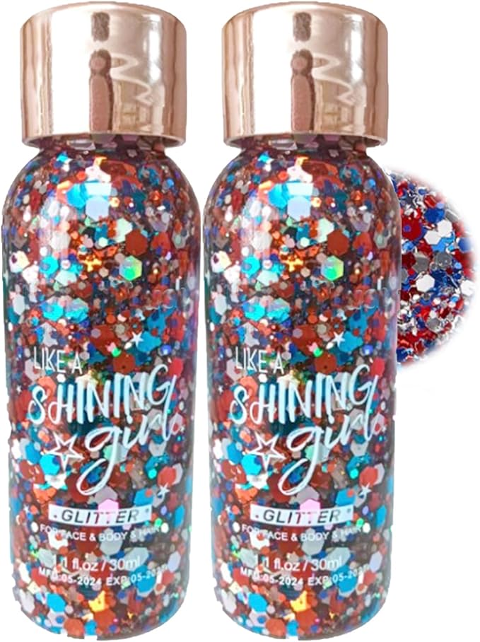 Red White and Blue Body Glitter, Hair Glitter, Red White and Blue Accessories USA Flag Pride Face Glitter, Hair Gel for In...