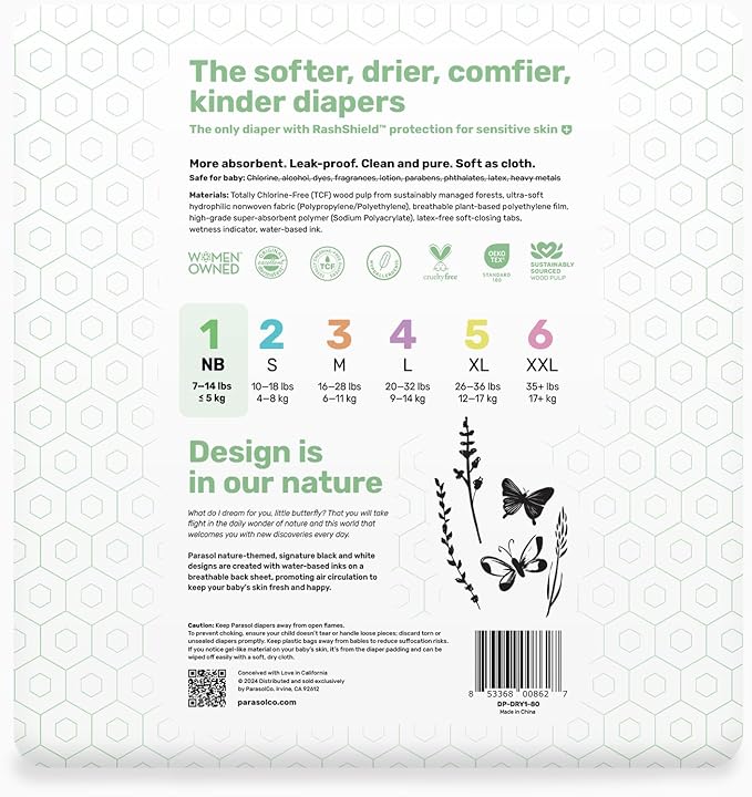 Parasol Clear+Dry Disposable Diapers, RashShield Protection and Leak-Control Fit, Hypoallergenic Diapers, Size 1 (7-14 lbs), 320 Count