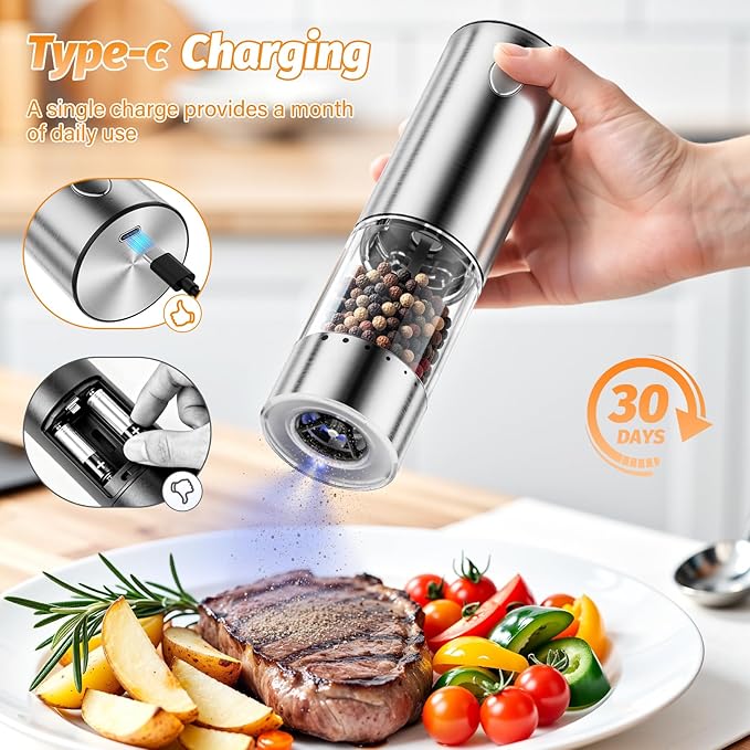 HomeHacks Upgraded Larger Capacity Electric Salt and Pepper Grinder Set, Rechargeable Type-C with LED Light, Stainless Steel Automatic & 6 Adjustable Coarseness, Ideal for Housewarming/Christmas Gifts