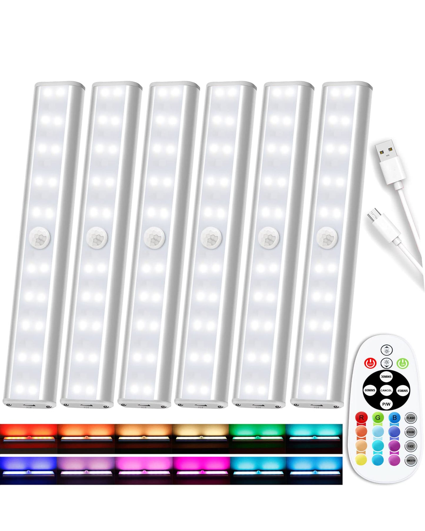 SZOKLED Under Cabinet Lighting 48-LED Wireless Rechargeable RGB Lights, Model RD10-6, White, 6 Pack for Kitchen and Closet