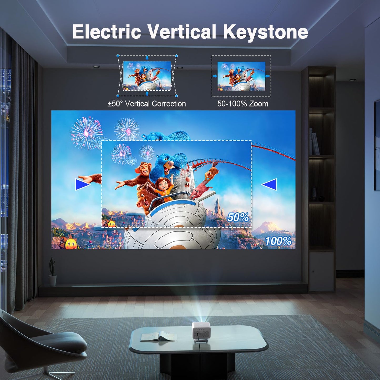 AuKing Projector,2025 Upgraded Projector with Wifi and Bluetooth, ±50° Vertical Keystone, FHD 1080P Movie Projector Compatible with HDMI/USB/AV/Smartphone/TV Box/Laptop