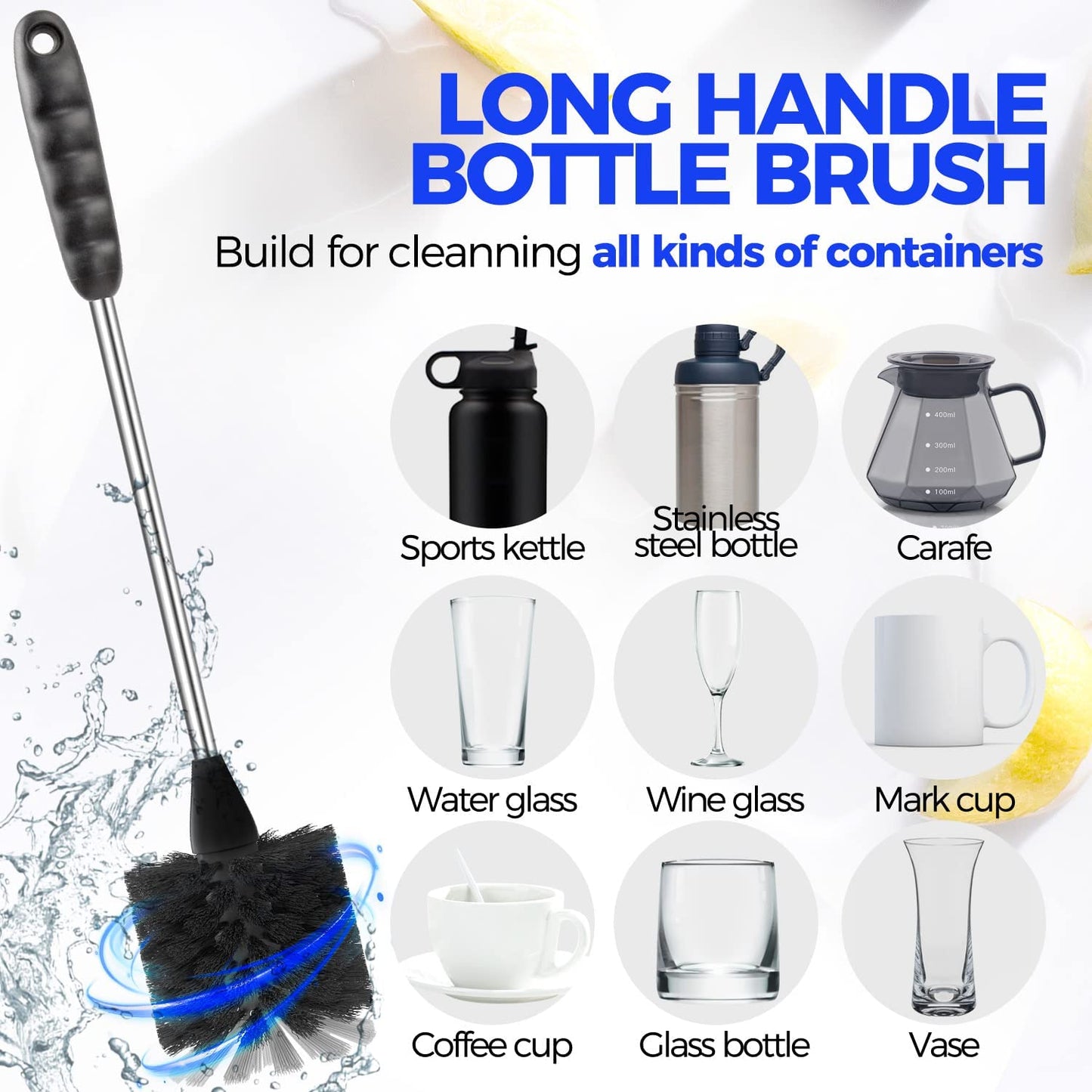 Holikme 6 Pack Bottle Brush Set, 14" Long Handle Stainless Steel Bottle Cleaner Brush, 3 Straw Brushes, 3-in-1 Bottle Cleaning Brush for Water Bottle, Antistatic Lab Brushes, Straws Black