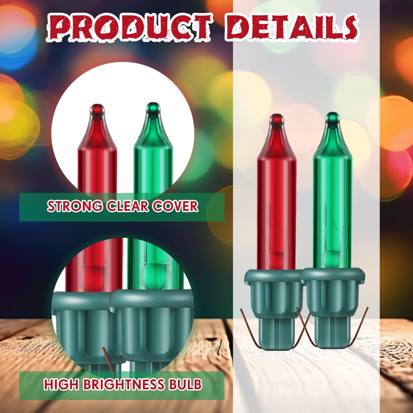 Mudder Mini Light Bulbs - 2.5V Incandescent Glass String Lights, 100 Pcs, Red & Green, Indoor/Outdoor Xmas Decoration