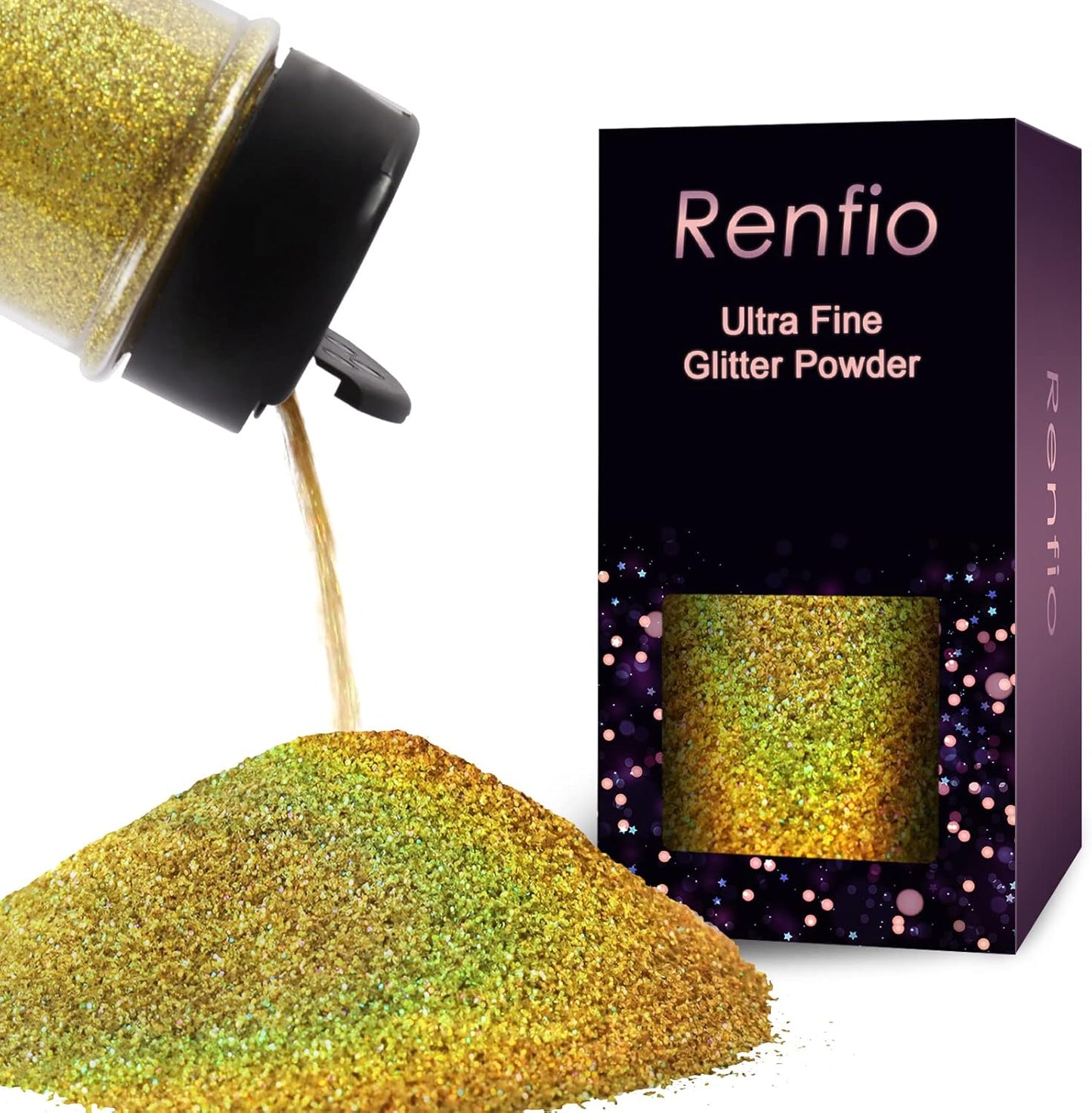 Renfio Holographic Ultra Fine Glitter Powder Metallic Resin Glitter 2.11 Oz (60g) PET Flakes Crafts Sequins 1/128" 0.008" 0.2mm Epoxy Chips Flakes for Tumblers Slime - Laser Green Gold