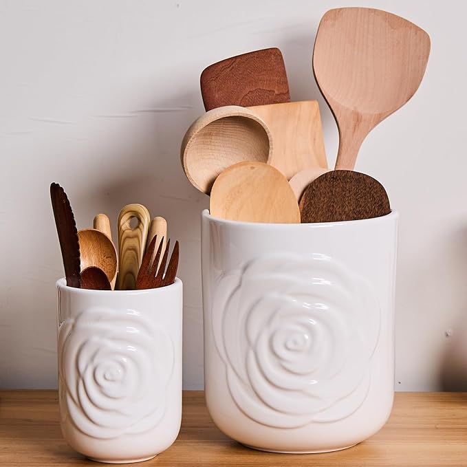 Large Utensil Holder Set of 2, 7.5"+ 5.5" - Ceramic Kitchen Countertop Utensil Crock for Spatulas, Spoons & Cooking Tools, Farmhouse Kitchen Counter Decor, White Rose