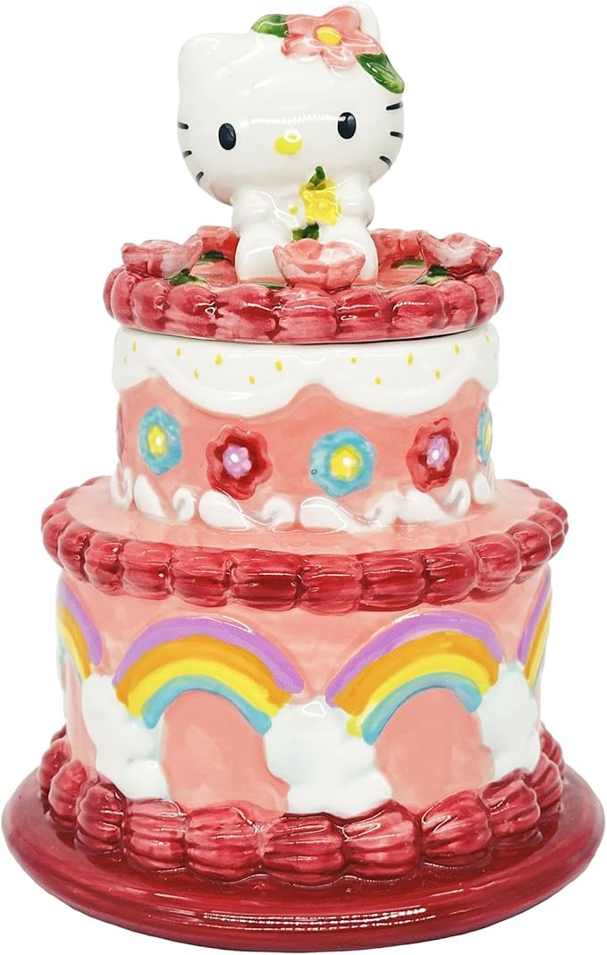 Blue Sky Clayworks Hello Kitty Cake Cookie Jar, Ceramic, 6.75" L x 6.75" W x 9.25" H, Rainbow Layer Treat Keeper