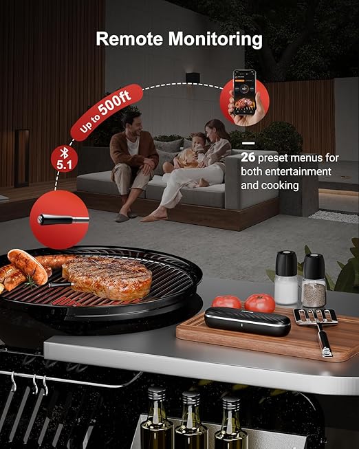 500ft Bluetooth Wireless Meat Thermometer for Smoker, Fitflavor Digital Grill Meat Thermometer Wireless for Grilling BBQ Cooking Oven Rotisserie, Rechargeable Battery, IP67 Waterproof (FNT11-4)